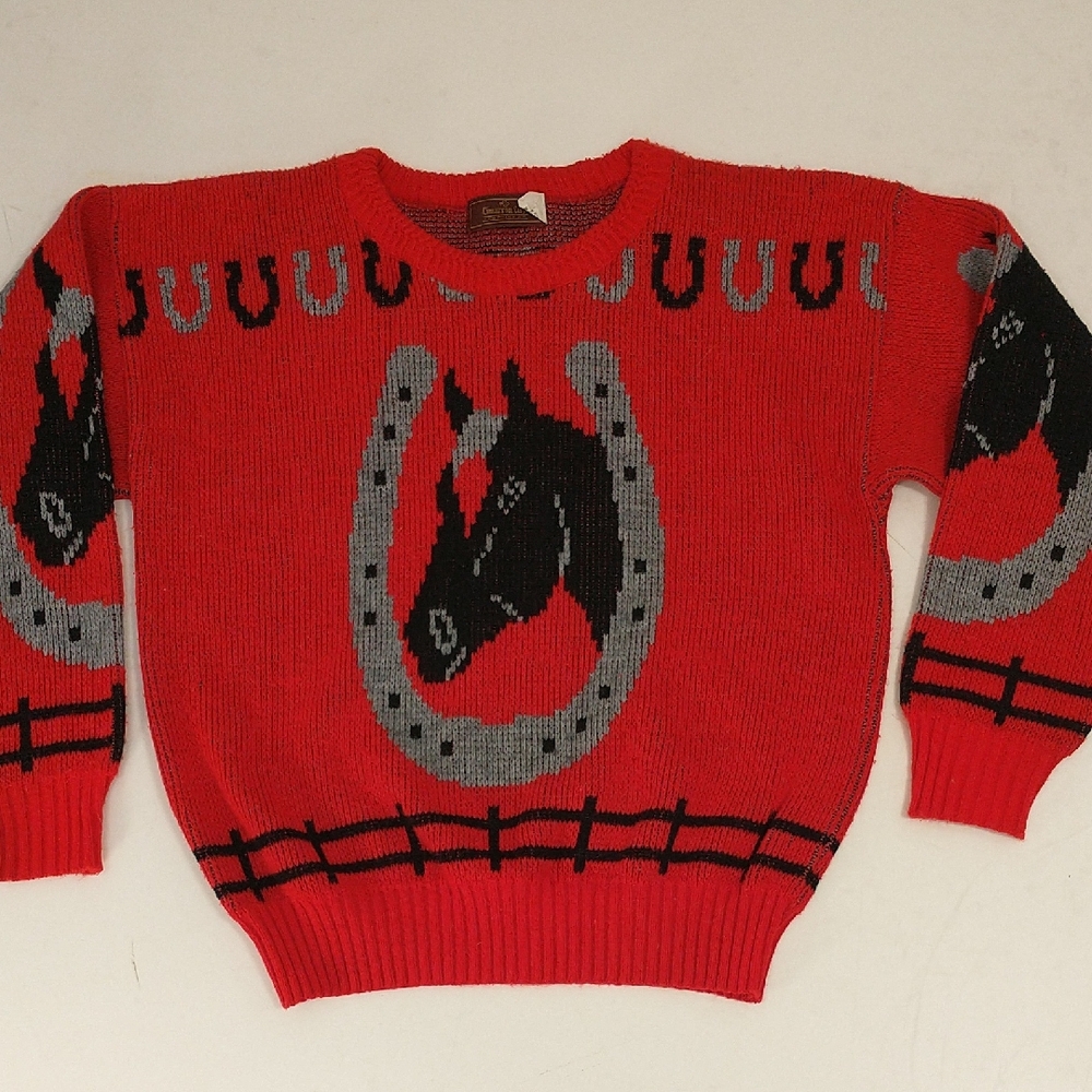 Vintage Horse Sweater USA Made Acrylic Pullover Equestrian Graphic 43" Chest Red
